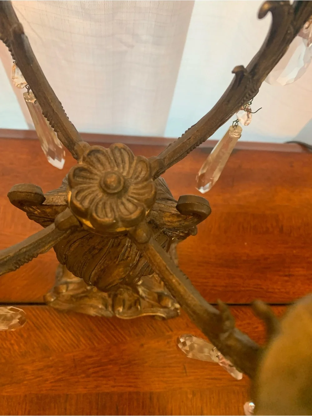 Ornate Brass Four Arm Candelabra Pair in Gold.  Glass tear drops